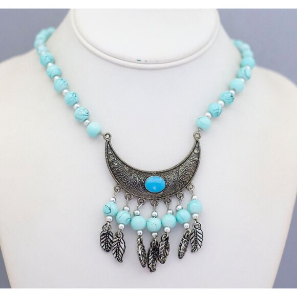 21 inch, Vintage Sky Blue Beads Feathers Silver Tone Bib Necklace - CA1 - Picture 1 of 3